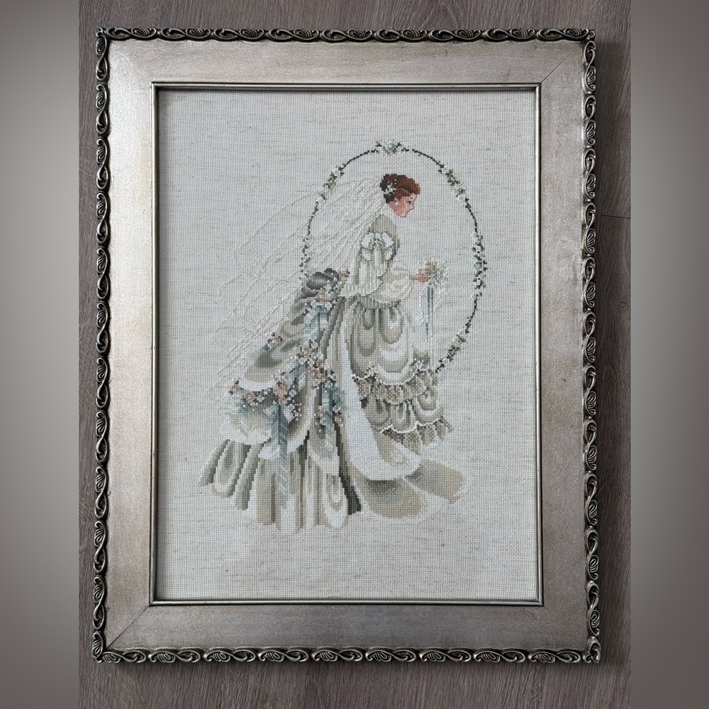 Vintage Cross Stitch in frame “The Bride” 1990 Marilyn Leavitt Imblum